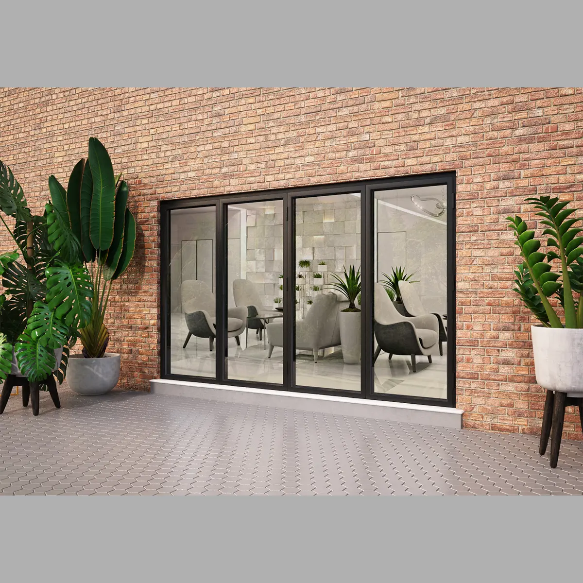 3300 x 2000 4 Panel Black On White Bifold Doors